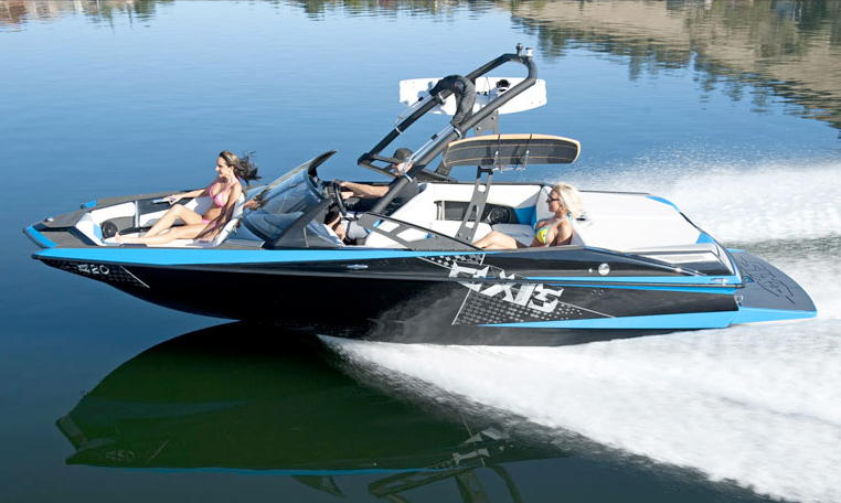 blue wakeboarding boat